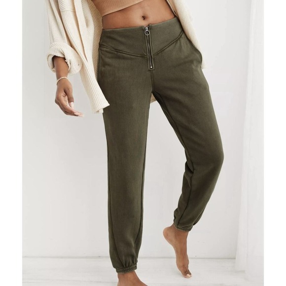 aerie Pants - Aerie S Small Corset Fleece Jogger Pants Zipper Front Nomad Oliver Green Relaxed